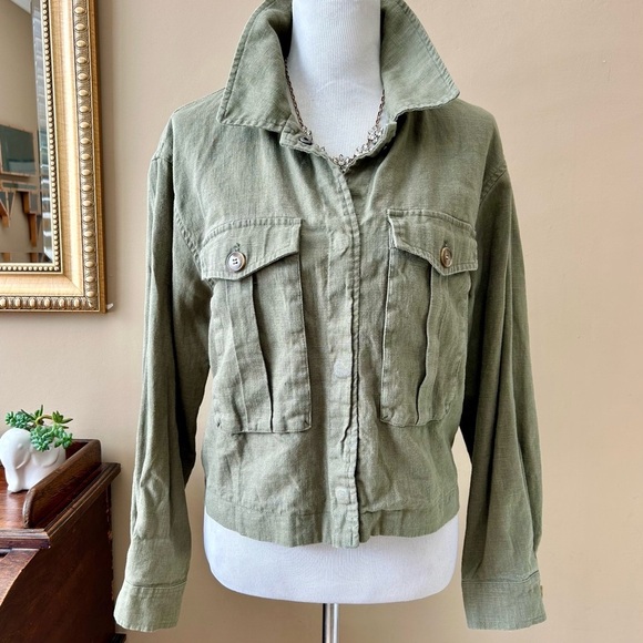 Anthropologie Dolan Utility Jacket Cropped Linen Cropped Moss Green Size L - Picture 2 of 13